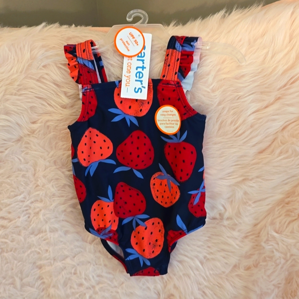 Carter's Baby Girl Navy Blue And Red 6m Ruffled Strawberry One- Piece Swimsuit